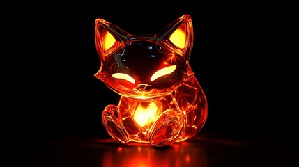 Wall Mural - Fox Emoji Glass Sculpture Glowing with Fiery Red and Orange Lights in the Dark