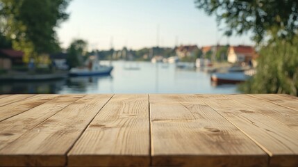 Wall Mural - A wooden table in the foreground with a serene waterfront view in the background.