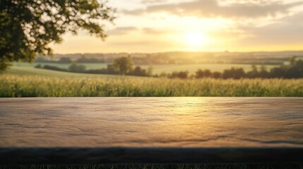 Sticker - A serene landscape at sunset with a table in the foreground, inviting relaxation and reflection.