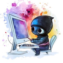 Canvas Print - Cartoon Ninja Working on a Computer with Watercolor Background.