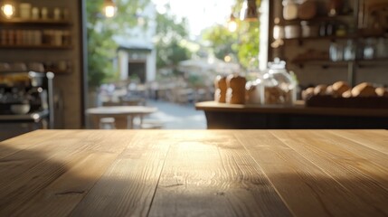 A sunlit wooden table in a cozy café setting with outdoor seating visible.