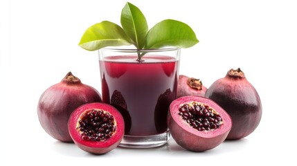 Sticker - A glass of dark red juice surrounded by whole and sliced fruits.