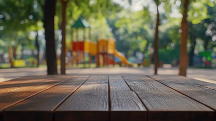 Sticker - A wooden table in a park with playground equipment in the background.