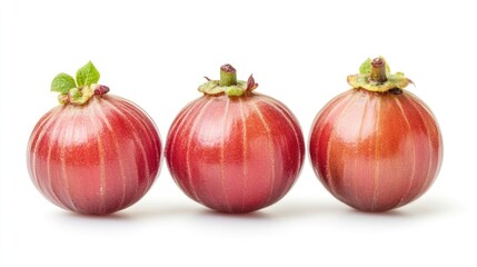 Three round, red fruits with green leaves, arranged in a row on a white background.