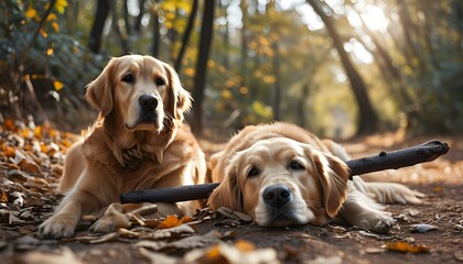 Joyful golden retriever and labrador sharing a peaceful moment with a stick, embodying loyalty and friendship in a heartwarming scene