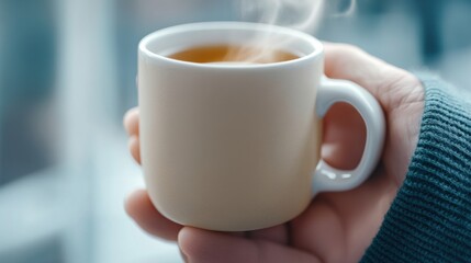 Wall Mural - A person holding a cup of steaming hot tea in their hand, AI