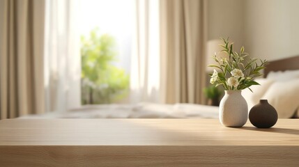 Poster - A serene bedroom scene with a wooden table and decorative vases of flowers.