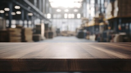 Wall Mural - A wooden table in a warehouse setting, emphasizing industry and workspace.