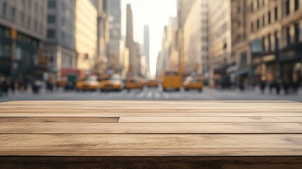 Canvas Print - A blurred cityscape with a wooden table in the foreground, suggesting a café or restaurant setting.