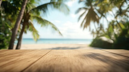 Canvas Print - A serene beach view with palm trees and a wooden table in the foreground.