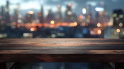 Wall Mural - A wooden table in the foreground with a blurred city skyline background at dusk.