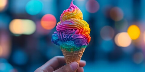 Poster - Rainbow ice cream cone held by hand.