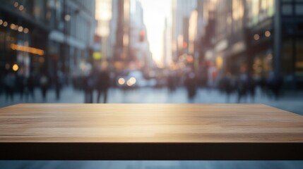 Sticker - A wooden table in focus with a bustling city street blurred in the background.