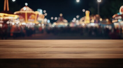 Wall Mural - A wooden table in the foreground with a vibrant carnival scene in the background at night.