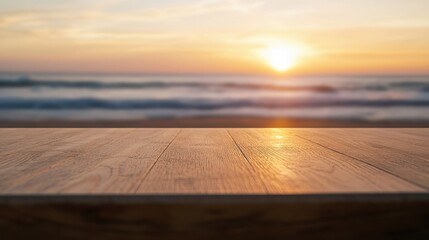 Wall Mural - A serene sunset over the ocean viewed from a wooden table.