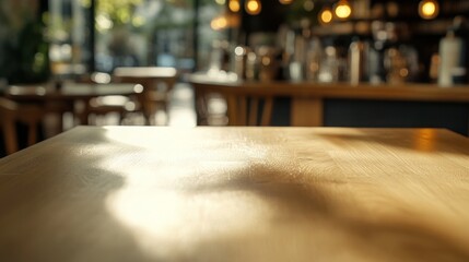 Canvas Print - A wooden table in a cozy café setting with blurred background ambiance.