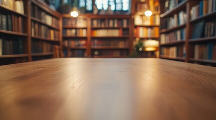 Canvas Print - A cozy library with wooden table and bookshelves in the background.