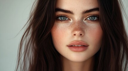 Fashionable young model woman with long healthy dark straight smooth hair and makeup studio beauty portrait : Generative AI