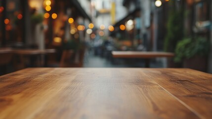 Poster - A wooden table in a cozy outdoor dining area with blurred lights in the background.