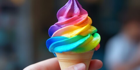 Wall Mural - Rainbow ice cream cone held in hand.