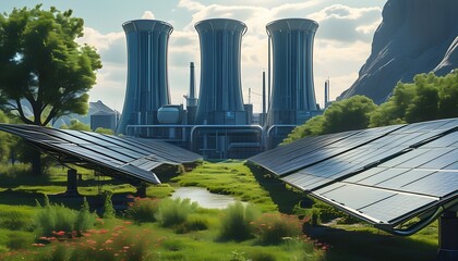 Wall Mural - Futuristic power plant showcasing advanced solar panel integration and cutting-edge renewable energy technology in a visionary world