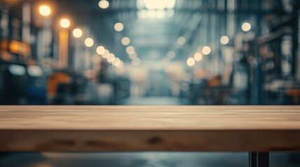 Canvas Print - A blurred industrial workspace with a wooden table in the foreground.