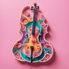 Illustration of paper art of A beautifully carved cello on the pink background.