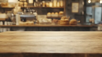 Canvas Print - A blurred café interior with a wooden table in focus, suggesting a warm, inviting atmosphere.