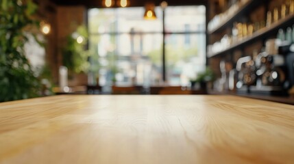 Canvas Print - A cozy café interior with a wooden table and shelves filled with coffee equipment.