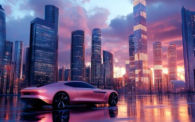 A sleek pink car parked in a futuristic cityscape at sunset, reflecting vibrant colors on wet pavement.