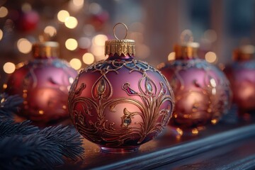 magical christmas scene twinkling golden lights ornate glass ornaments warm bokeh effect luxurious gold and crimson color scheme festive and enchanting ambiance