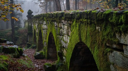 Wall Mural - A moss-covered stone bridge in a misty forest, surrounded by autumn foliage.