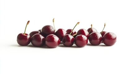 Poster - A cluster of fresh cherries with stems against a white background.