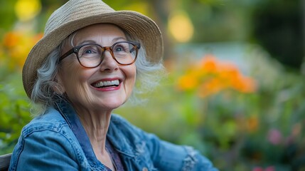 Portrait laugh and senior woman with hat on bench relaxation and glasses in garden Joke seat and elderly female person in backyard for happiness comedy and funny with retirement in Can : Generative AI