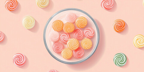 Poster - A clear bowl containing artisanal hard candies, arranged in an organized pattern, sweets illustration art