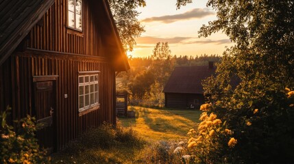 Sticker - A serene sunset view of rustic wooden houses surrounded by nature.