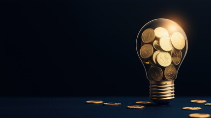 A golden lightbulb filled with coins symbolizes wealth and innovation, shining brightly