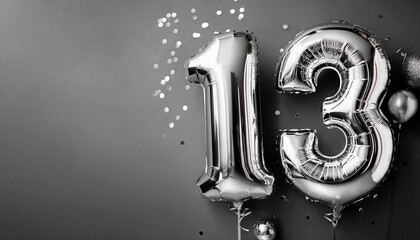 Banner with number 13 silver balloons with copy space