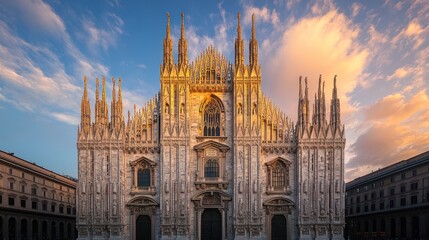 Sticker - A stunning Gothic cathedral with intricate spires under a colorful sky at sunset.