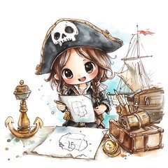 Poster - Cute Pirate Girl Studying a Map.