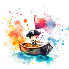 Poster - Watercolor illustration of a cartoon pirate in a boat full of gold.