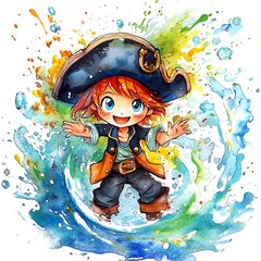 Poster - Watercolor Illustration of a Cute Cartoon Pirate with Splashes of Color.