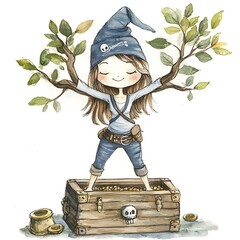 Canvas Print - Watercolor illustration of a cute pirate girl standing on a treasure chest.