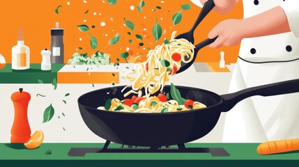 chef adding pasta to a wok with vegetables