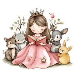 Canvas Print - Princess reading a book surrounded by animals in a watercolor illustration.