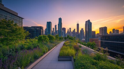 Poster - A vibrant rooftop garden with a city skyline at sunset.