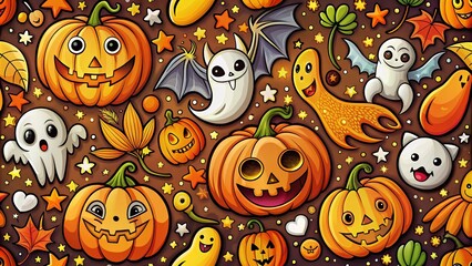 Wall Mural - Vibrant illustration of spooky and festive Halloween-themed coloring pages featuring bats, pumpkins, ghosts, and jack-o-lanterns on a whimsical orange and black background.