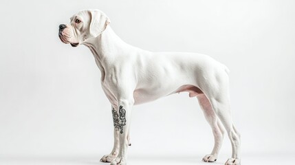 Side profile of a white boxer dog without fur standing with many tattoos on its body against a white background