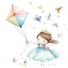 Wall Mural - Watercolor Illustration of a Princess with a Kite and Birds.