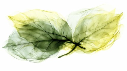 Two transparent leaves with intricate details in shades of green and yellow on a white background. Concept of nature and transparency.